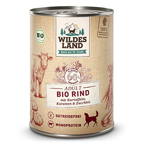 Wildes Land - Nassfutter für Hunde - Bio Rind - 12 x 400 g - Getreidefrei - Extra hoher Fleischanteil von 60% - 100% zertifizierte Bio-Zutaten - Beste Akzeptanz und Verträglichkeit