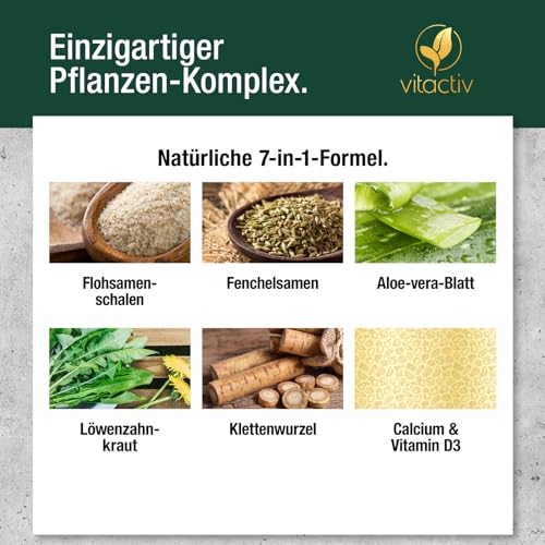 VITACTIV Colon Cleanse Ultra - 100 Kapseln, Vegan - Normale Verdauung - Natürliche Ballaststoffe - Flohsamenschalen Kapseln mit Aloe vera, Fenchelsamen, Löwenzahnkraut, Klettenwurzel, Calcium & D3 – Bild 3