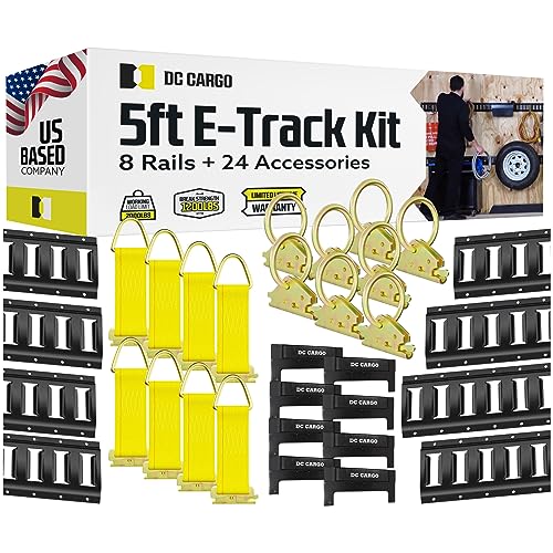 DC Cargo Mall E Track Rail Tie-Down Kit - 32 Piece Set Etrack Kit -5' Rails, End Caps, Rope Tie Offs & O Ring Anchors - E Track Accessories System Starter Kit For Securement In Trucks, Vans & Trailers