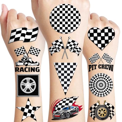 96 PCS Funny Race Car Checkered Flag Pre-Cut Black and White Temporary Tattoos Sticker Birthday Party Decorations Supplies Favors Gifts Boys Girls Men Cute Racing Fake Tattoo School Prizes (Normal)