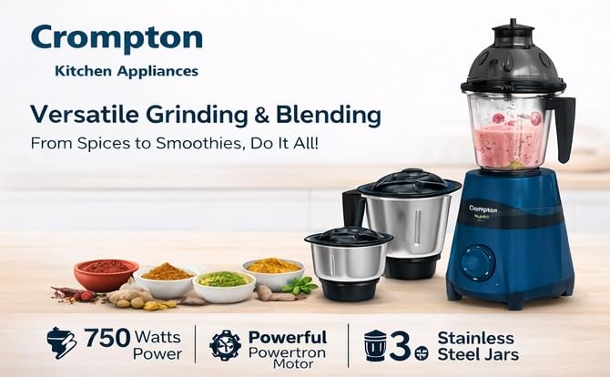 Image of Crompton Nigella Neo 750 Watts Mixer Grinder | Powertron Motor | 3 Stainless Steel Jars (1.5L, 1L, 500ml) | Heavy Duty Grinding, Blending, Chutney & Smoothie Maker for Kitchen