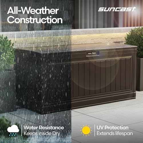Suncast 80-Gal. Resin Large Outdoor Patio Deck Box with Pad-Lockable Lid, Modern Outdoor Patio Bench/Storage Box for Cushions, Garden Tools, and More, Java - image 4