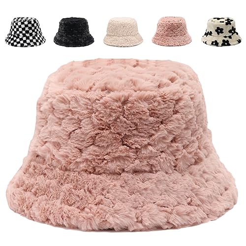 Image of Bucket Hat Women Furry Fuzzy Bucket Hats for Ladies, Winter Warm Fluffy Plush Faux Fur Hat for Women