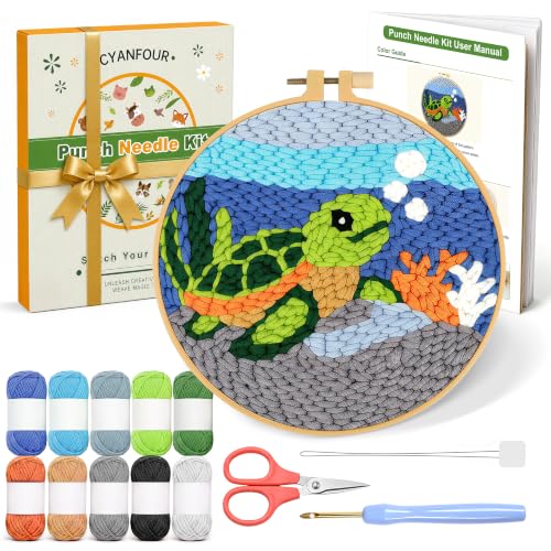 Image of CYANFOUR Punch Needle Kit for Beginners, Sea Turtle Punch Needle Kits Adults, Craft Kits for Adults with 2 Pre-Printed Fabrics, Embroidery Hoop, Threads, DIY Gift and Home Decor 20 * 20cm