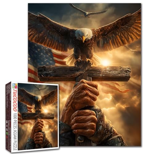 America Flag Jigsaw Puzzles 1000 Piezas para Adultos y Familias (Águila Calva, Cruz, Cristo, Bandera Patriótica, 4 de Julio) Puzzle de Libertad enmarcable 19.7''x27.6''