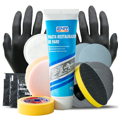 Enerfero Pulir faros coche+ líquido protector,kit pulido reparación con adaptador taladro, Pasta limpiadora potente Adecuado para todos los faros amarillos oscuros desgastados.