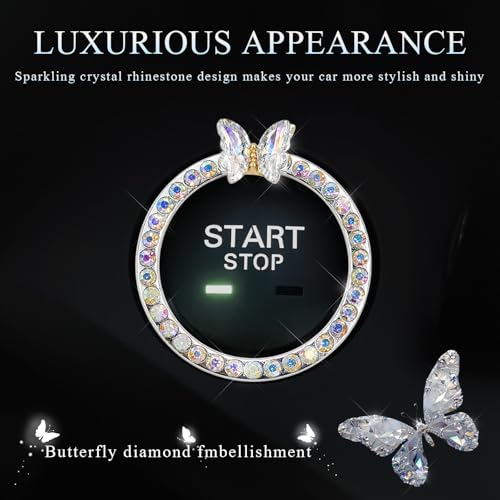 Image of DXNQ 2PCS Bling Ring Emblem, Sparkling Butterfly Car Buttons and Knobs Ring, Girly Butterfly Diamond Car Engine Start Button Cover, Key Ignition Knob Rings Decoration for Women (AB, Single Row)