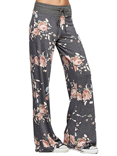 Image of iChunhua Women's Comfy Stretch Floral Print Drawstring Palazzo Wide Leg Lounge Pant