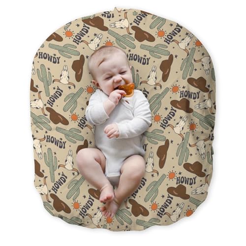 EyMzcod Newborn Lounger Pillow Cover Boho Western Cowboy Howdy Cactus, Wild West Hat Boots Cow Baby Boys Shower Gift Removable Slipcover, Soft Snug Fit Infant Nursing Pillowcase (Lounger Not Included)