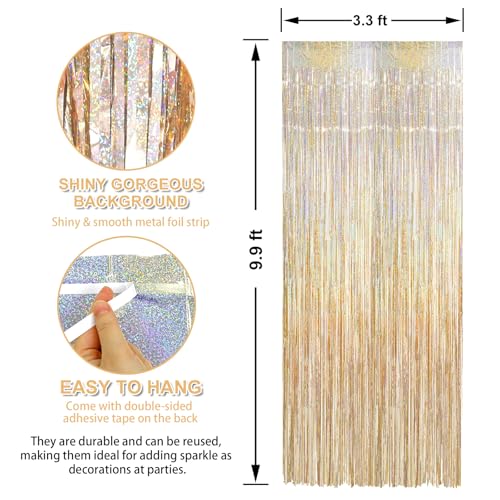 Image of Crosize 3 Pack 3.3 x 9.9 ft Laser Champagne Gold Foil Fringe Curtains Party Decorations,Tinsel Curtain Backdrop for Parties, Door Streamers, Glitter Streamer Backdrop for Birthday Decoration