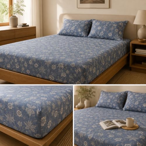 Image of Linen Home Cotton Percale Fitted Bedsheet Set Queen Size Floral Blue