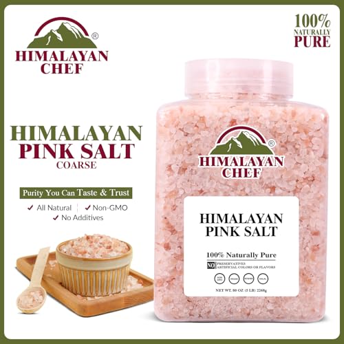 Image of Himalayan Chef Pink Himalayan Salt Coarse Grain, Plastic Jar - Pure, Natural, Kosher, Mineral-Rich, Ideal for Grinder Refills, Cooking, Seasoning, 80 Ounce (Pack of 6)