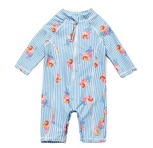 Baby Girl Bathing Suit Long Sleeve UPF 50+ Sun Protection Come with a Hats (Blue Stripes, 6-9 Months)