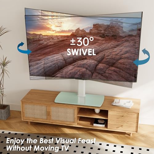 Image of FITUEYES Universal TV Stand, Swivel TV Table Stand for 43 50-65 70 75 80 85Inch Flat Screen, Table Top TV Stand Base Replacement, Height Adjustable TV Mount Stand, Glass Base, Max Holds 110lbs