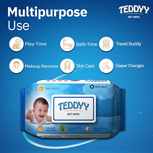 Image of Teddyy Soft Cleansing Baby Wet Wipes with Lid | 144 Wipes | Special Germ Protection | Anti - Rash | Enriched With Aloe Vera and Vitamin E | 72 Wipes x 2 Packs