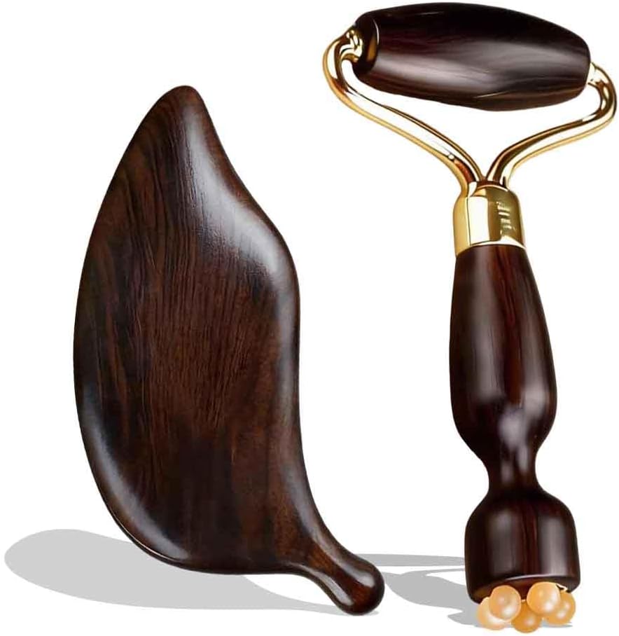 Red Sandalwood Face Roller & Leaf Gua Sha Set, Dual Head Face Massage Roller with Beads, Natural Wooden Face Massage Guasha Tool for Jawline, Under Eye & Face lymphatic drainage, Luxury Gift Box