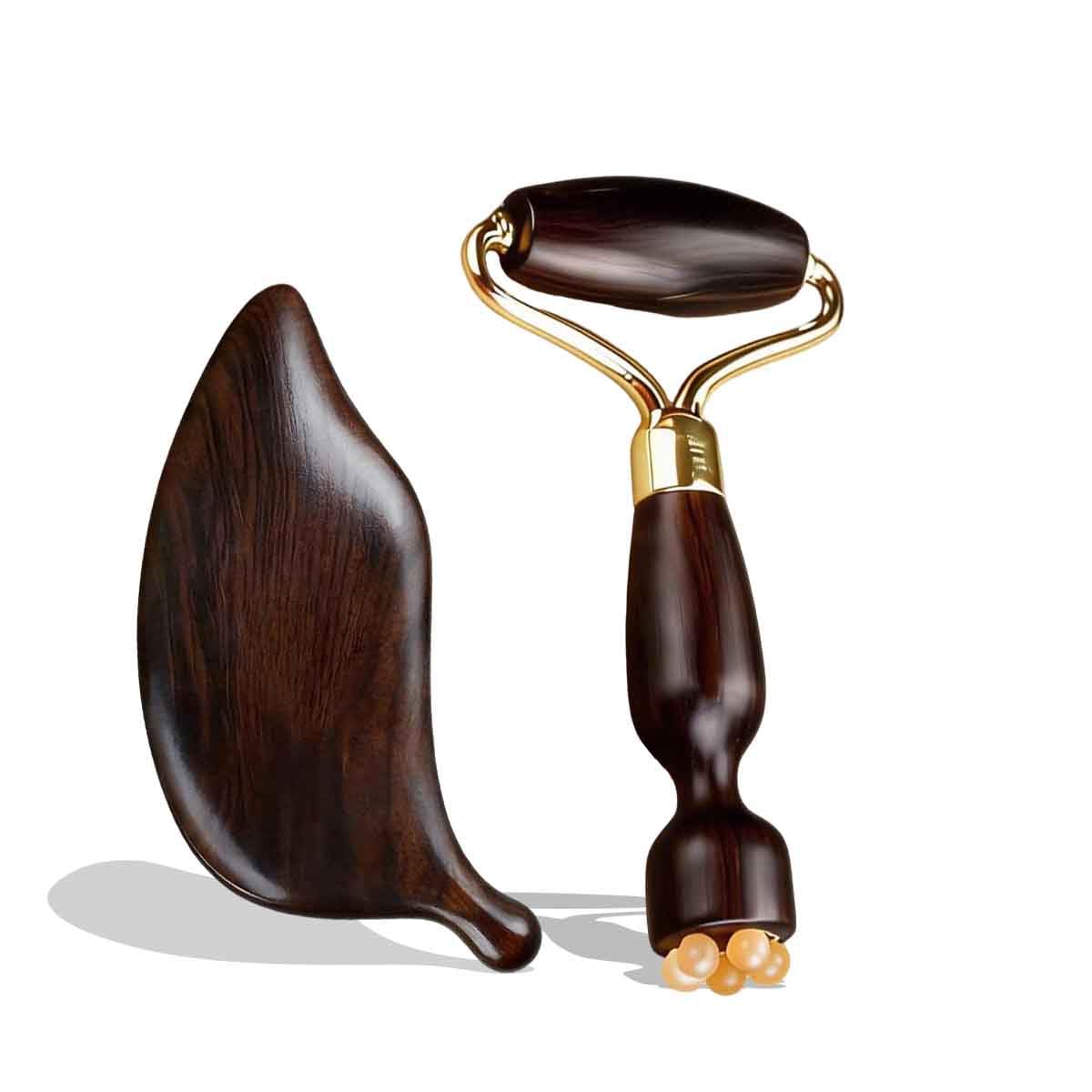 Lila Sandelholz Gesichtsroller & Gua Sha Set - Holz Gesichtsmassageroller mit blattförmigem Gua Sha Board, Multifunktionales Modellier- & Entspannungswerkzeug, Luxus-Geschenkbox (Gua Sha Roller