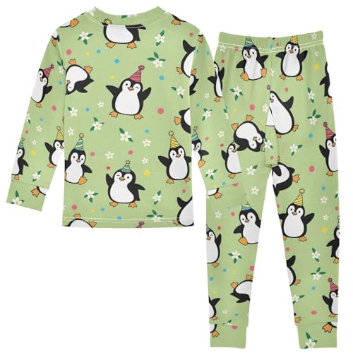 Pajama Sets Long Sleeve Party Penguins on Green Soft Comfy Sleepwear 2 Piece PJS 3-8T3