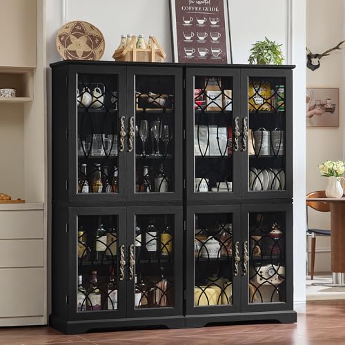 Image of Joaxswe 67 inch Tall Pantry Cabinet, Wood Kitchen Pantries Cabinets with Glass Doors & Adjustable Shelves, Freestanding Vintage Cupboard with Large Storage for Dining Room, Bathroom, Black