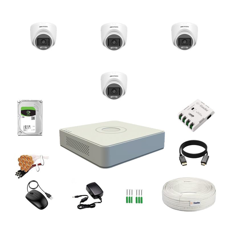 Image of Clocite HIKVISION 3K /5MP 4 Channel DVR, 3K (5MP) 4 Dome Cameras [Color Night Vision + Built-in Audio MIC + SMART Dual Light + Motion Detection] + 1 TB HDD 4 CH SMPS + CCTV Cable + BNC /DC