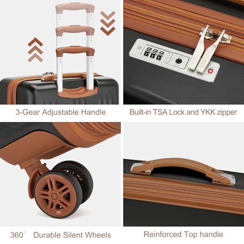 Image of Kono Luggage Sets 3 Piece, 20 Inch Expandable Carry On Luggage for Travel | Airline approved luggage with spinner wheels, TSA lock, lightweight hardshell suitcase set (Black & Brown,3 Piece Set)