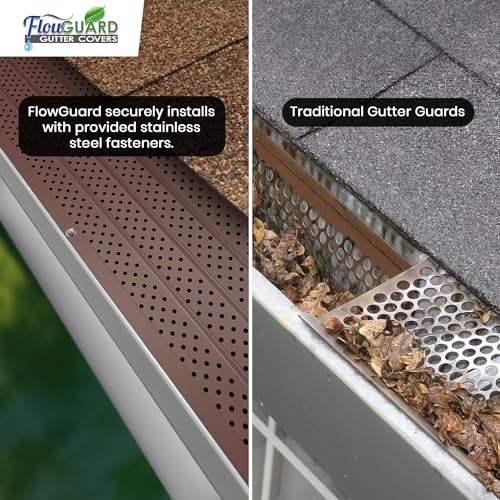 Image of FlowGuard USA Made Slip Under Shingle Professional DIY Universal 5 Inch & 6 Inch 50-Year Gutter Cover System - Brown - Aluminum Gutter Guards - 22 Feet - by FlexxPoint