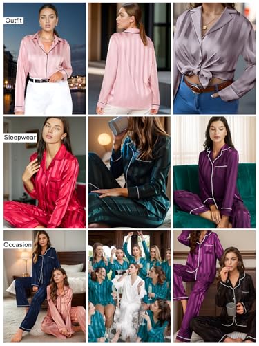 Image of Lonxu Silk Satin Womens Pajama Sets Button Down Sleepwear Loungewear XS~3XL