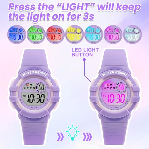 Image of Edillas Kids Watches Digital Girls Boys, 7 Colors Light Wrist Watch for Child Waterproof Sport Outdoor Multifunctional Wristwatches with Stopwatch /Alarm for Ages 4-15