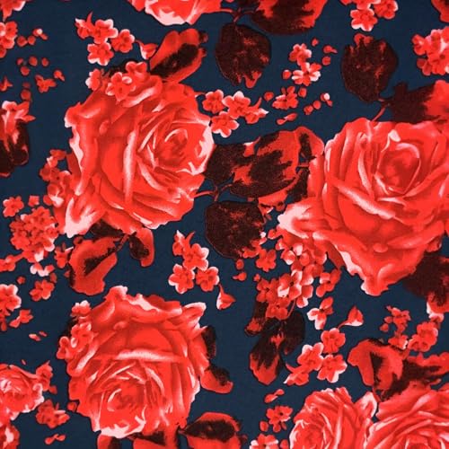 Floral Jersey Knit Fabric, Red Roses on Navy, 56...