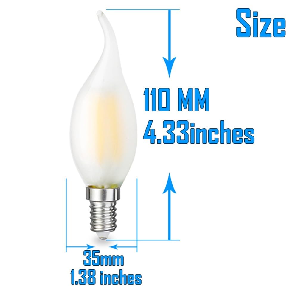 1fortunate lights, Paquete de 10 bombillas de filamento de cola de vela Retro AC220V E14 2W/4W/6W lámpara LED de decoración esmerilada regulable lámpara de araña(Cold White,6W)