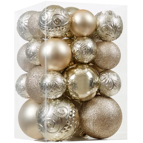 Christmas Ball Ornaments - 30pcs Shatterproof Christmas Ornaments Set Plastic Hanging Christmas Decorations for Xmas Tree Holiday Party Decor, 6 Styles in 4 Sizes (Champagne)