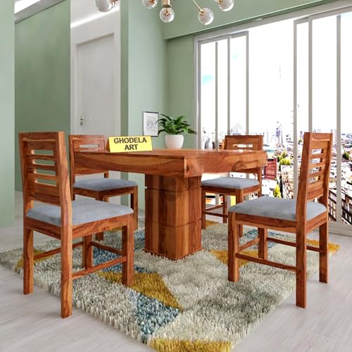 Image of Sheesham Wood Oval Dining Table with Cushion Chairs Set for Home Hall | Solid Wood Dinner Table with Chairs for Hotels | Dining Room Sets (Natural Finish 4, 4 Seater)