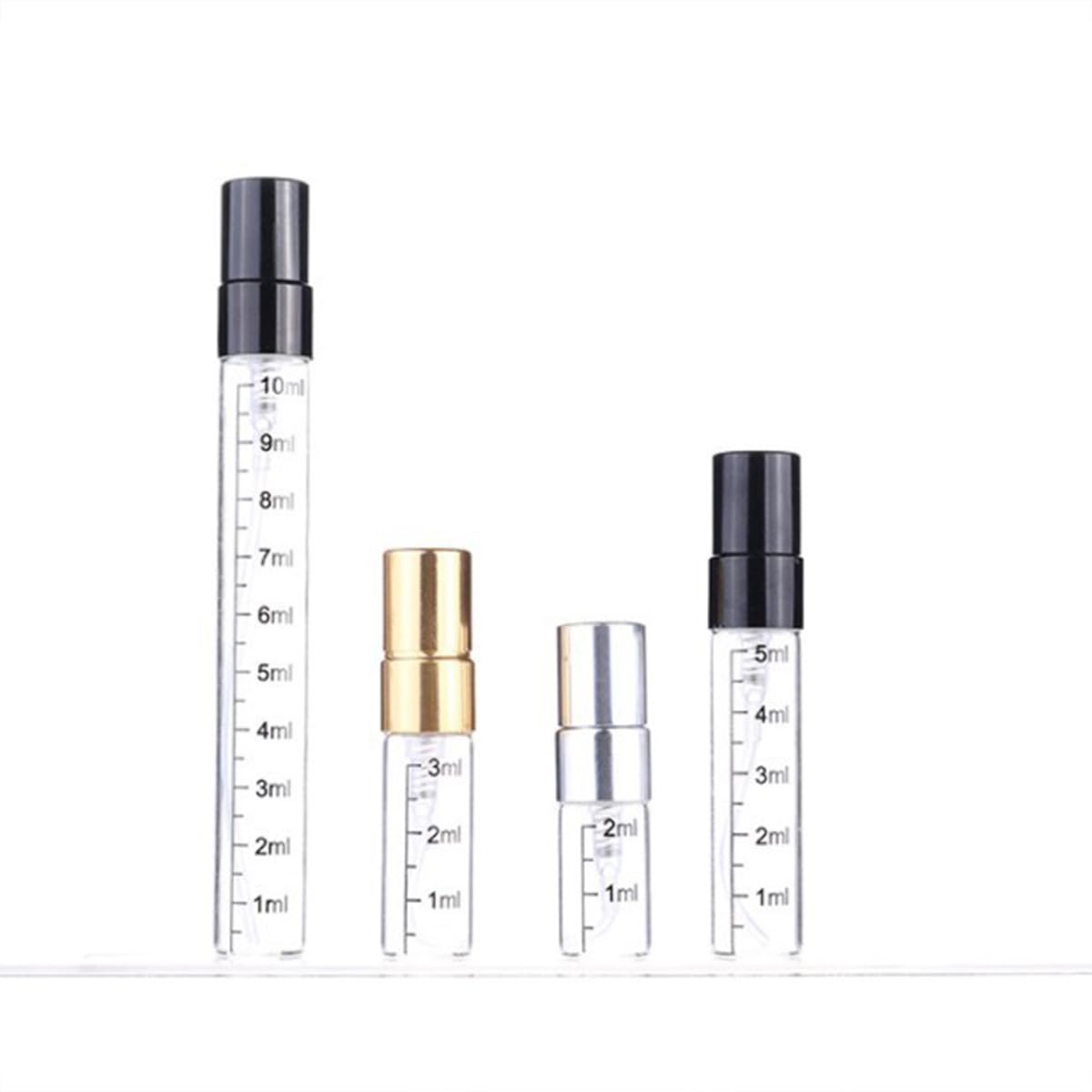 50 100 szt. 2 ml – 10 ml butelek perfum do wielokrotnego napełniania, pusty zestaw butelek z rozpylaczem ze stopniowanymi oznaczeniami, pojemnik na kosmetyki (złoty, 100 szt., 3 ml)