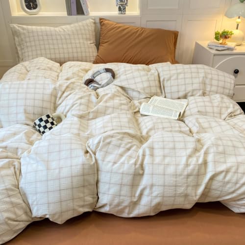 Image of PinkMemory Beige Gingham Duvet Cover Bedding Queen 100% Washed Cotton Vintage Plaid Duvet Cover Set Full 3pcs Checkered Grid Bedding Set with Zipper Closure Corner Ties,Soft Breathable