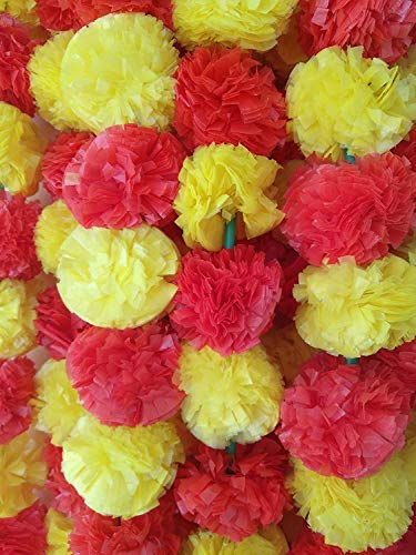Image of Plastic Marigold Flower Garlands Decorations (Red & Yellow) 5 Feet Long (30 Flowers in Every Garland) Pack of 5 Pieces