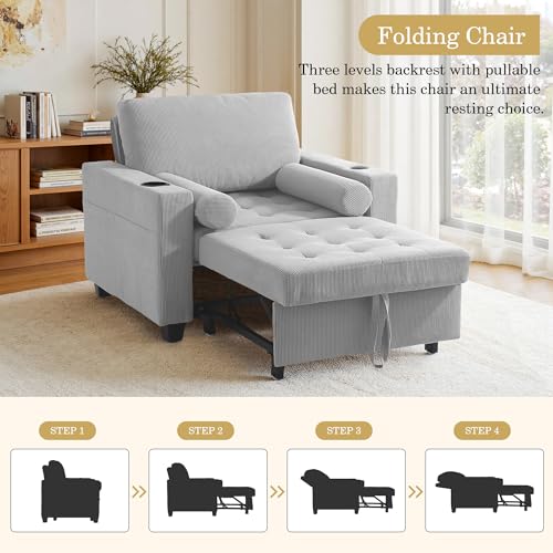 Image of 3-in-1 Sleeper Chair Pull Out Sofa Bed, Convertible Reclining Seat Upholstered Armchair, Adjustable Backrest Recliner Chair with Side Pockets, Cup Holder & USB Ports - Light Gray