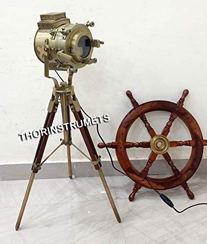 Miniatura 4 de THOR INSTRUMENTS Proyector marino de teatro antiguo, trípode de madera náutica, foco retro, foco de estudio LED (lámpara de pie baja), decoración