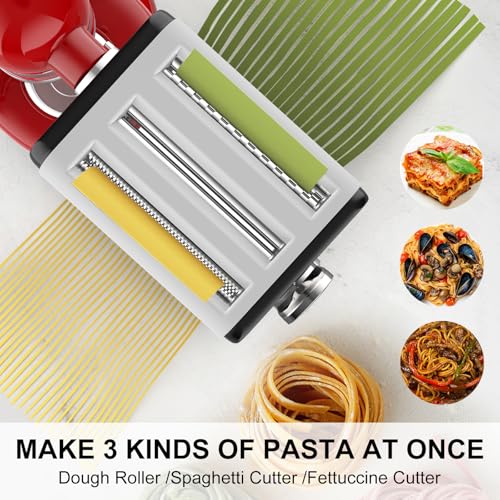Image of Pasta Maker Attachment for All Kitchenaid Mixers, Noodle Maker Kitchen Aid Mixer Accessories 3 In 1 Including Dough Roller Spaghetti Fettuccine Cutter - Homemade Fresh Pasta Easily!