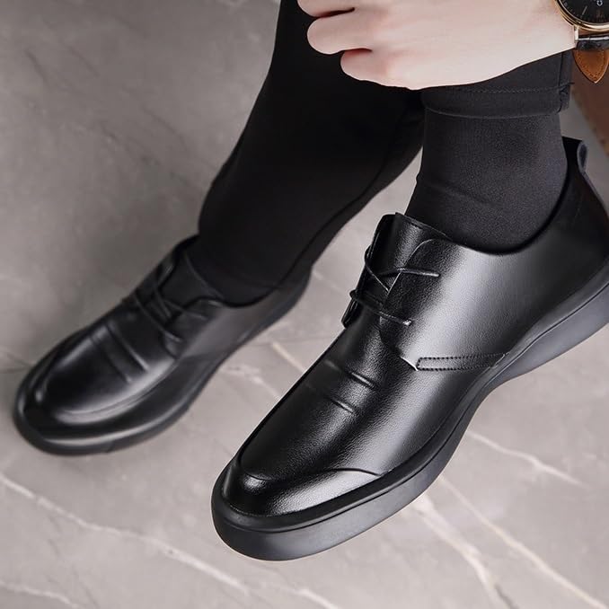 Men's British Business Dress Shoes Fashion Black Slip-on Rubber Casual Round Toe Leather Shoes Wear-Resistant Comfortable Soft Sole Flat Heel Shoes for Men3