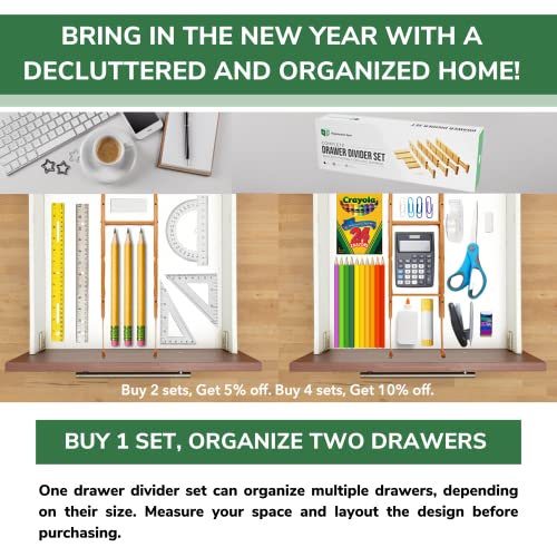 *Upgraded* Kitchen Drawer Dividers W/Inserts And Liner - Adjustable Bamboo Organizers For Drawers - Spring Loaded, Large For Utensils And Deep For Clothes - Tall Wood Draw Divider Separator (Long) #TOP1