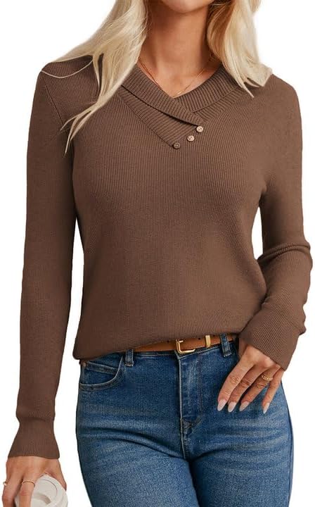 GRACE KARIN Sweaters for Women 2026, Fall Fashion Long Sleeve V Neck Collared Knitted Pullover Sweaters, Dressy Work Top