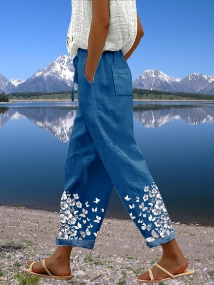 Linen Boho Pants for Women Butterfly Print Loose Casual Pants with Pockets Comfy Elastic Waist Lightweight Trousers - Image 2