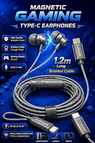 Image of Gaming Type-C Wired Earphone with Mic, 10mm Dynamic Bass Driver, Magnetic in-Ear Headphones, Low Latency Sound for Gaming, 1 Button Control, HD Calling, Voice Assistant, (Gray)