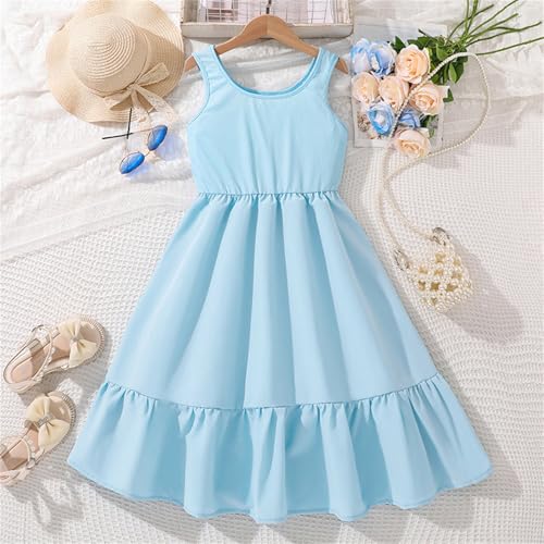 BILIKEYU Girls Sleeveless Casual Beach Dress Crewneck Elastic High Waist Ruffle A Line Flowy Dresses for Kids 62
