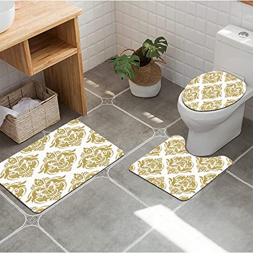 3 teiliges Badematten Set rutschfest U-FöRmige Duschvorleger,Gold und Weiß, barockes viktorianisches antikes Design mit… – Bild 5