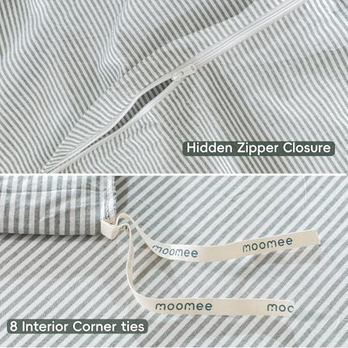 Image of MooMee Striped Duvet Cover Set 100% Washed Cotton Linen Like Queen | Relaxed Linen-like Texture. Soft, Breathable & Long-lasting Comfort. Lightweight. Hidden Zipper with 8 Interior Corner Ties