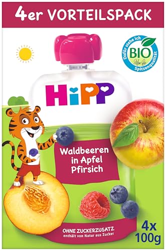 HiPP Bio Quetschie Waldbeeren in Apfel-Pfirsich - Thilo Tiger, 16 Stück (4er Pack mit je 4 x 100g), ab 1 Jahr, 100% Fruchtpüree, ohne Zuckerzusatz, in bester Bio-Qualität