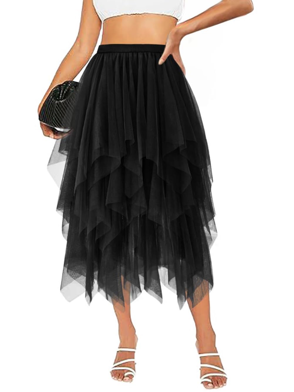 Tulle Skirts for Women Midi Long Tutu Skirt A-Line Mesh Layered Fairy Trendy High Elastic Waist Halloween Skirts