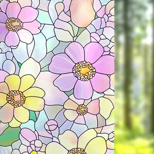 Image of Nuxovilar Sparkle Pink Yellow Mosaic Pattern Window Film 17.7x39.4 PVC | Vibrant Floral, Mosaic Cling colorful flower sticker, glass door wrap for bedroom living room balcony (Pink Yellow)