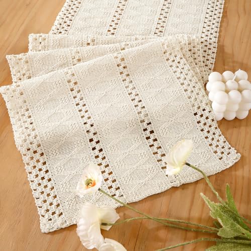 Chemin de Table en Lin de Coton Macramé Boho Petite Nappe Blanc Beige Moderne Lavable Bohème Centre de Table Decoration Mariage Champetre pour Mariage...